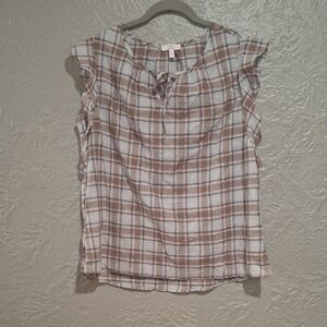 Como Vintage Brown Plaid Ruffle Sleeve Blouse Size L